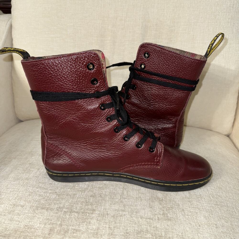 Dr. Martens STRATFORD Burgundy Leather Combat Boot Women 9, Floral Lined Maroon - Picture 3 of 9